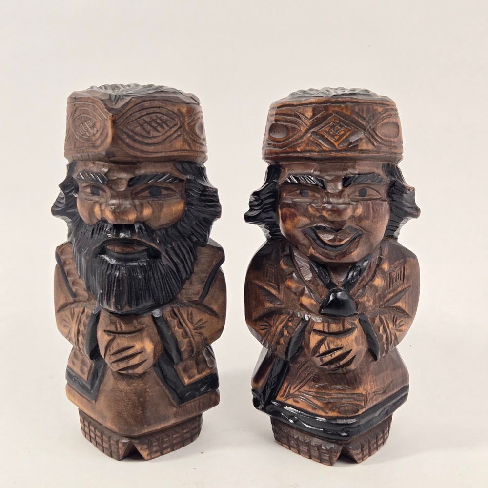 Vintage Ainu Hand Carved Wood Figure Pair Hokkaido Japan Folk Art Elder Couple